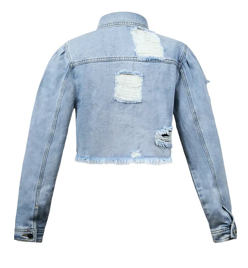POWQUE Urban Style Women's Distressed Denim Jacket - POWQUE URBAN STYLE