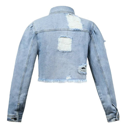 POWQUE Urban Style Women's Distressed Denim Jacket - POWQUE URBAN STYLE