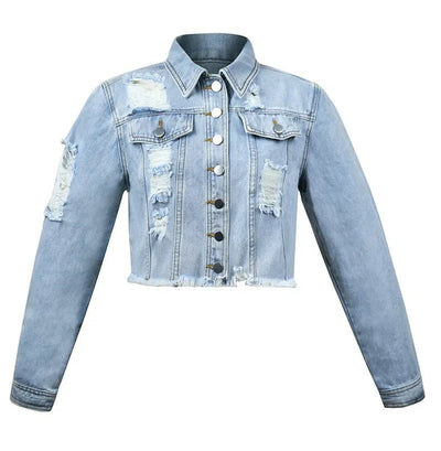 POWQUE Urban Style Women's Distressed Denim Jacket - POWQUE URBAN STYLE