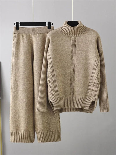 POWQUE URBAN STYLE Women's Knitted Turtleneck Tracksuit Set - POWQUE URBAN STYLE