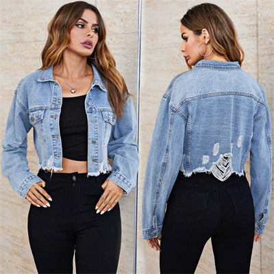 POWQUE Urban Style Women's Ripped Denim Jacket - POWQUE URBAN STYLE