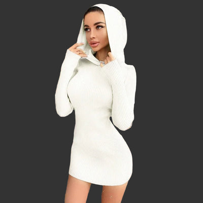 POWQUE Urban Style Women's Sweater Dress Hooded Knit - POWQUE URBAN STYLE