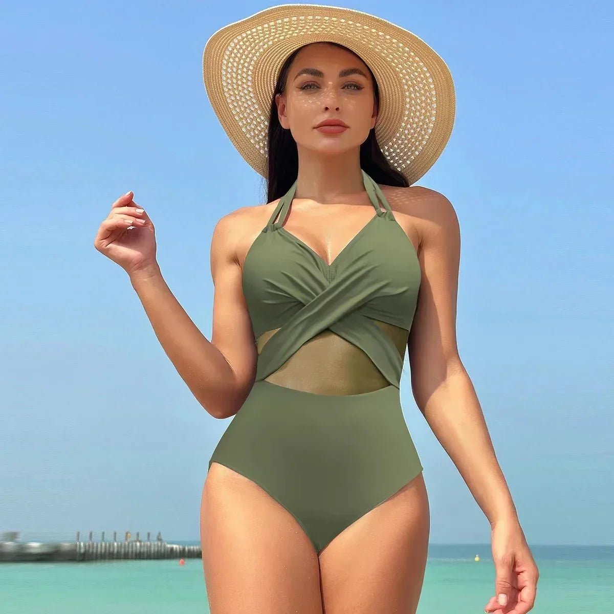 POWQUE URBAN STYLE Women's V - Neck Ribbed Swimsuit - POWQUE URBAN STYLE