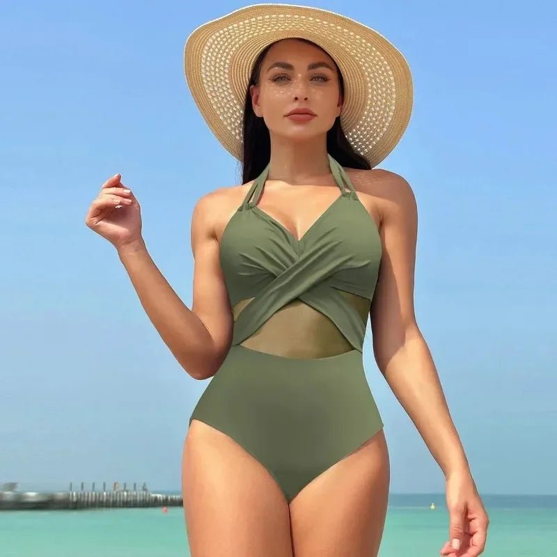 POWQUE URBAN STYLE Women's V - Neck Ribbed Swimsuit - POWQUE URBAN STYLE