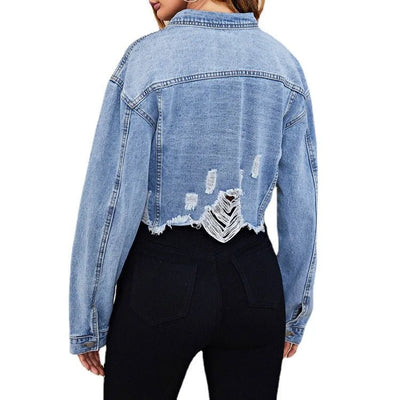 POWQUE Urban Vintage Ripped Denim Jacket for Women - POWQUE URBAN STYLE