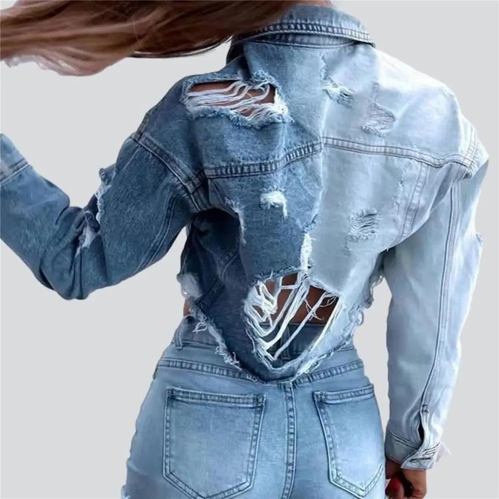 POWQUE Urban Vintage Ripped Denim Jacket for Women - POWQUE URBAN STYLE