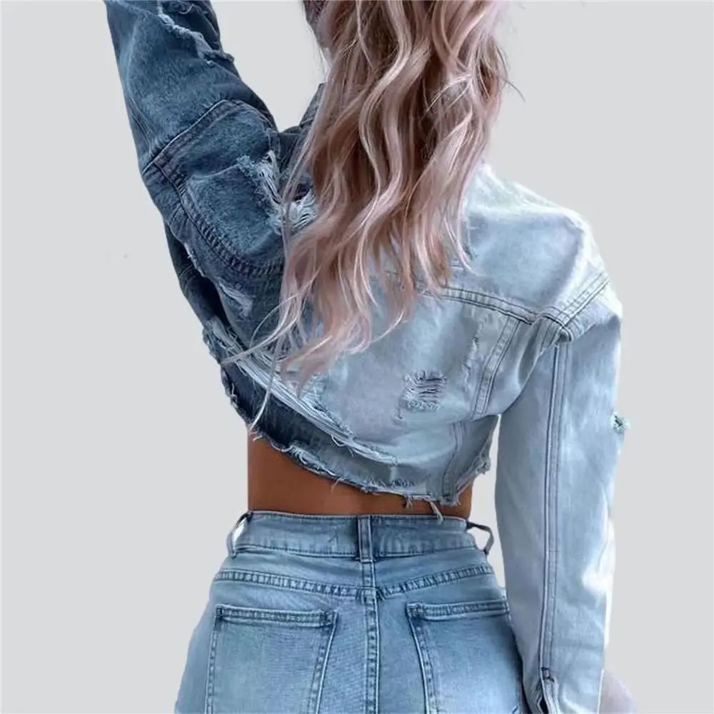 POWQUE Urban Vintage Ripped Denim Jacket for Women - POWQUE URBAN STYLE