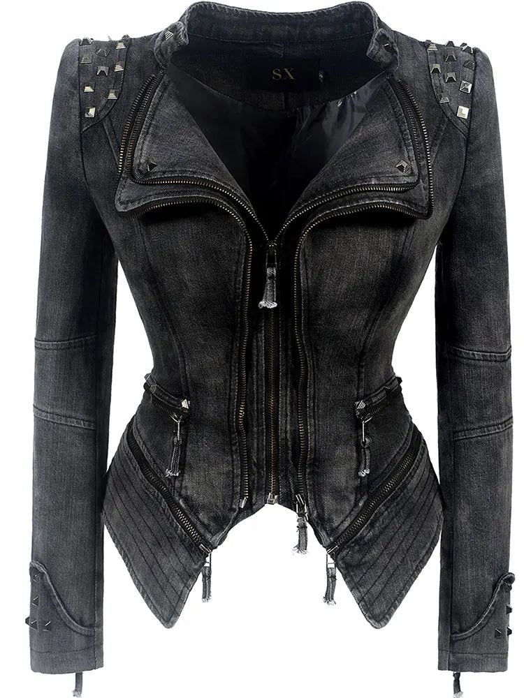 POWQUE Urban Women's Punk Rivet Denim Jacket - POWQUE URBAN STYLE