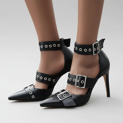 Punk Stiletto Sandals with Metal Detail - POWQUE URBAN STYLE