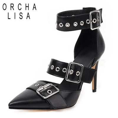 Punk Stiletto Sandals with Metal Detail - POWQUE URBAN STYLE