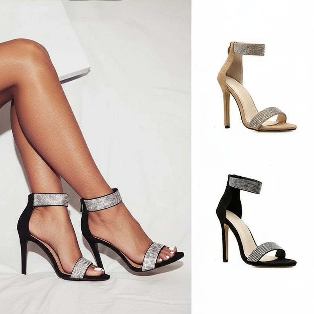 Rhinestone Ankle Strap High Heels Sandals - POWQUE URBAN STYLE