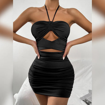 Summer Halter Strapless Women Dress Black Sleeveless Cut - out Bodycon Dress Sexy Backless Night Club Cocktail Party Mini Dresses - POWQUE ELITE
