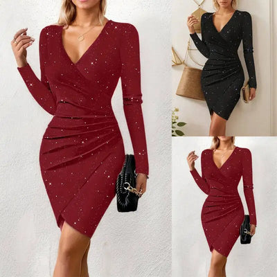 V - Neck Bodycon Midi Dress for Any Occasion - POWQUE URBAN STYLE