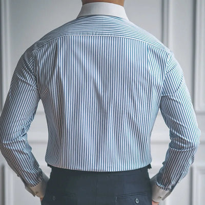Back view of POWQUE URBAN STYLE retro striped men's shirt with long sleeves and fitted design