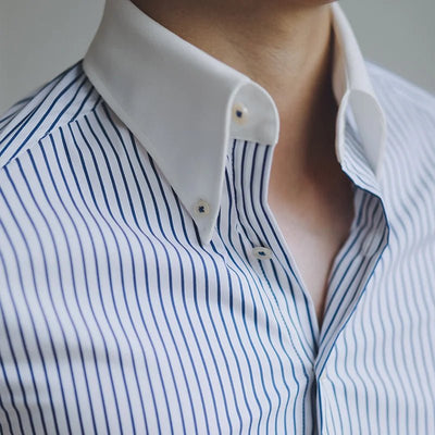 Close-up of retro striped men's shirt with white collar by POWQUE URBAN STYLE