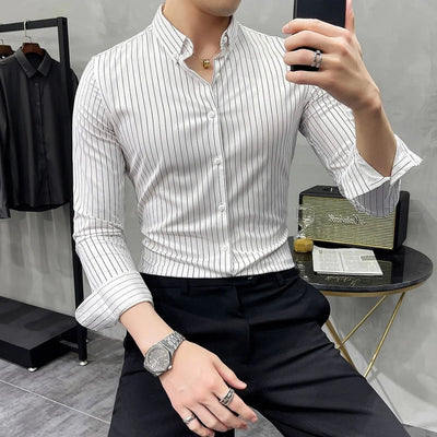 POWQUE URBAN STYLE retro striped men's shirt white with black vertical stripes and button-down collar