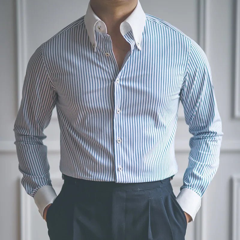 Retro striped men's shirt by POWQUE URBAN STYLE with white collar and cuffs, worn with black pants