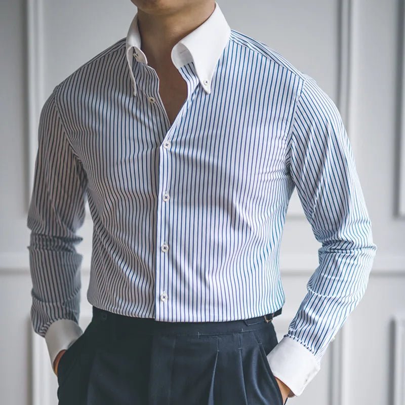 POWQUE URBAN STYLE retro striped men's shirt with white collar and cuffs, styled with black pants