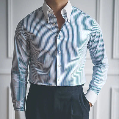 POWQUE URBAN STYLE retro striped men's shirt with white collar and cuffs, paired with black pants