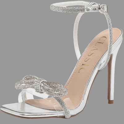 Silver crystal sandals with double bowknots, open square toe, clear high heels, and ankle strap – POWQUE Urban Style