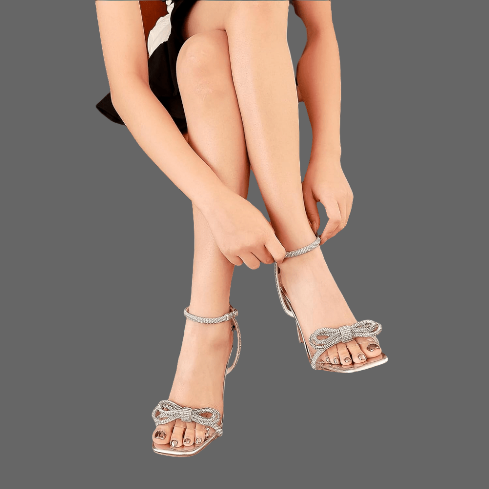 Silver crystal sandals with double bowknots, open square toe, clear high heels, and ankle strap – POWQUE Urban Style