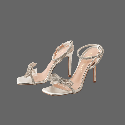 Silver crystal sandals with double bowknots, open square toe, clear high heels, and ankle strap – POWQUE Urban Style
