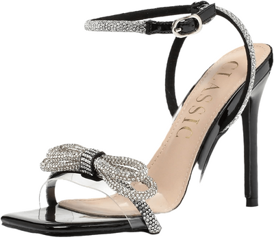 Silver crystal sandals with double bowknots, open square toe, clear high heels, and ankle strap – POWQUE Urban Style