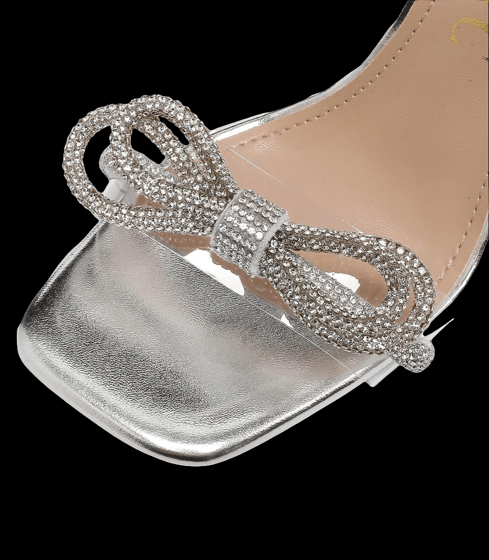Silver crystal sandals with double bowknots, open square toe, clear high heels, and ankle strap – POWQUE Urban Style