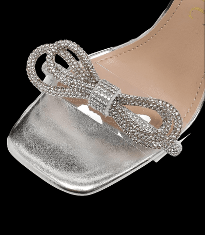 Silver crystal sandals with double bowknots, open square toe, clear high heels, and ankle strap – POWQUE Urban Style