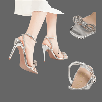 Silver crystal sandals with double bowknots, open square toe, clear high heels, and ankle strap – POWQUE Urban Style