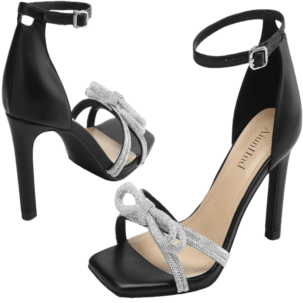 Women's Double Bowknots Heels Square Open Toe Ankle Strap Rhinestone Dress Shoes for Party Wedding - POWQUE URBAN STYLE