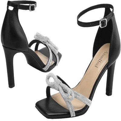 Women's Double Bowknots Heels Square Open Toe Ankle Strap Rhinestone Dress Shoes for Party Wedding - POWQUE URBAN STYLE