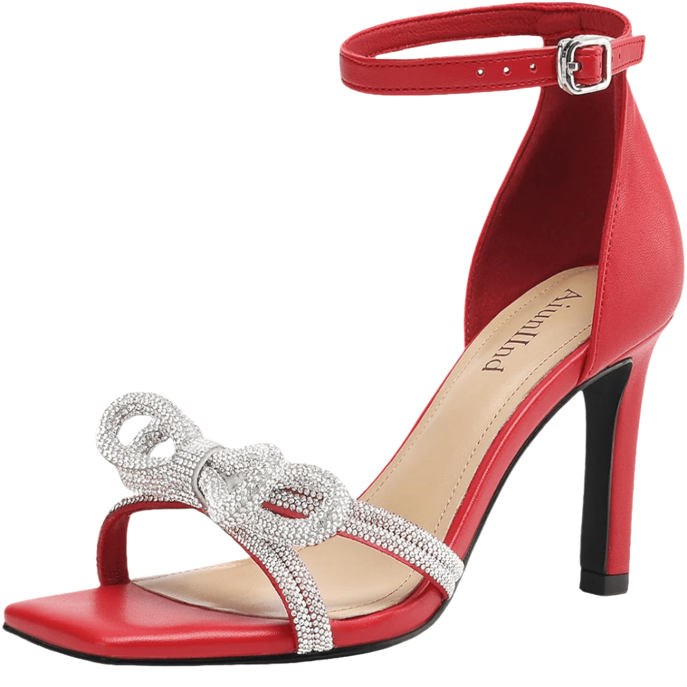 Women's Double Bowknots Heels Square Open Toe Ankle Strap Rhinestone Dress Shoes for Party Wedding - POWQUE URBAN STYLE