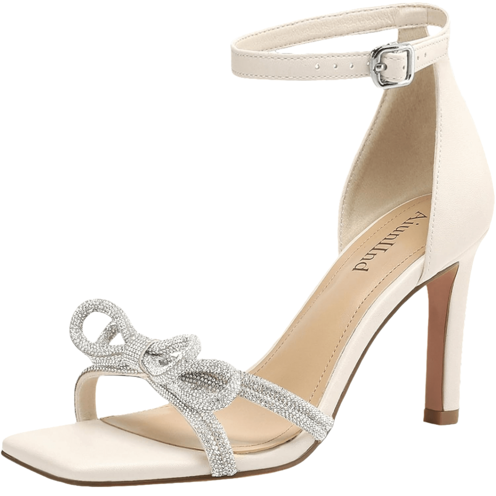Women's Double Bowknots Heels Square Open Toe Ankle Strap Rhinestone Dress Shoes for Party Wedding - POWQUE URBAN STYLE