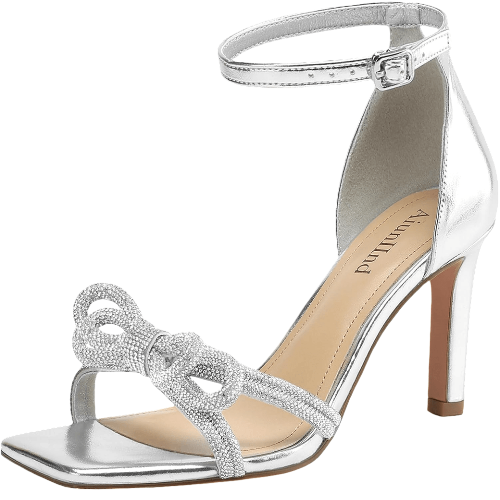Women's Double Bowknots Heels Square Open Toe Ankle Strap Rhinestone Dress Shoes for Party Wedding - POWQUE URBAN STYLE