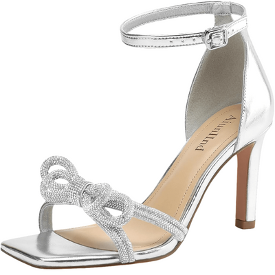 Women's Double Bowknots Heels Square Open Toe Ankle Strap Rhinestone Dress Shoes for Party Wedding - POWQUE URBAN STYLE