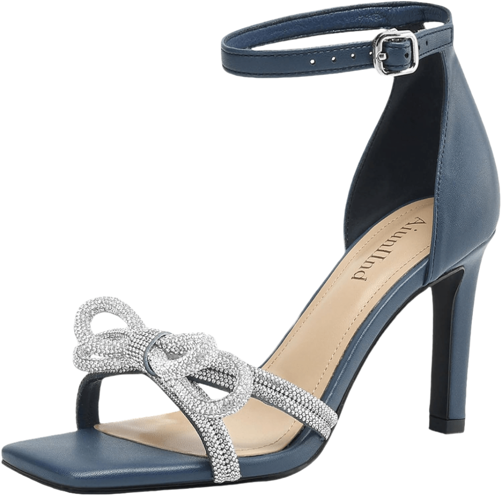 Women's Double Bowknots Heels Square Open Toe Ankle Strap Rhinestone Dress Shoes for Party Wedding - POWQUE URBAN STYLE