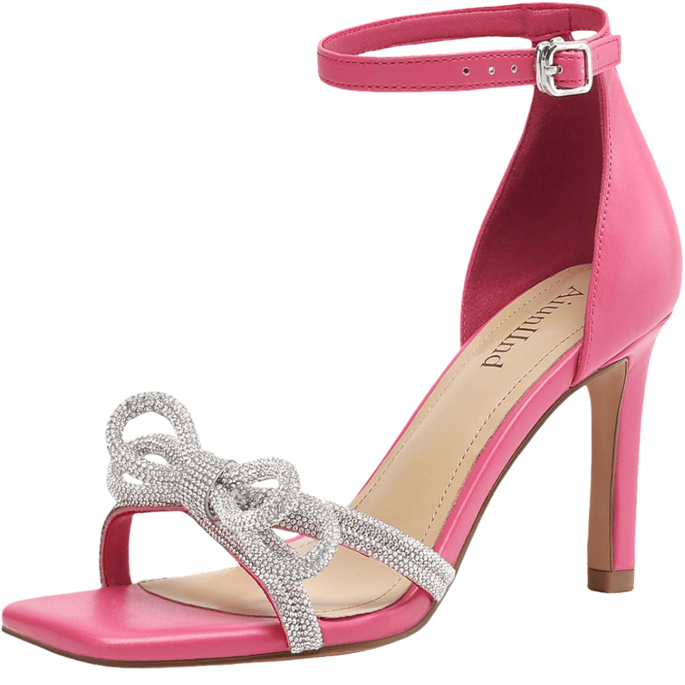 Women's Double Bowknots Heels Square Open Toe Ankle Strap Rhinestone Dress Shoes for Party Wedding - POWQUE URBAN STYLE