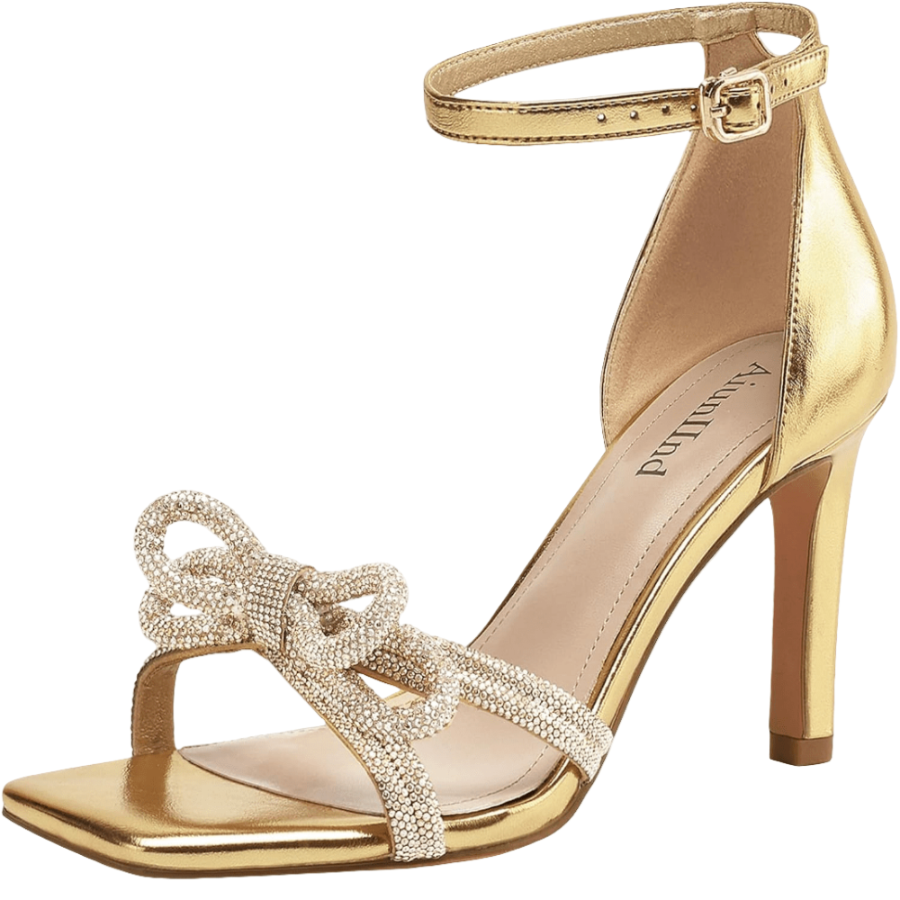 Women's Double Bowknots Heels Square Open Toe Ankle Strap Rhinestone Dress Shoes for Party Wedding - POWQUE URBAN STYLE