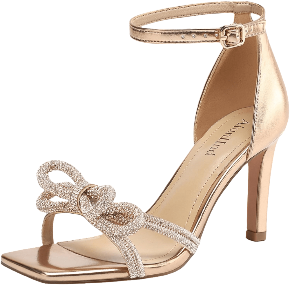 Women's Double Bowknots Heels Square Open Toe Ankle Strap Rhinestone Dress Shoes for Party Wedding - POWQUE URBAN STYLE