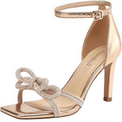 Women's Double Bowknots Heels Square Open Toe Ankle Strap Rhinestone Dress Shoes for Party Wedding - POWQUE URBAN STYLE