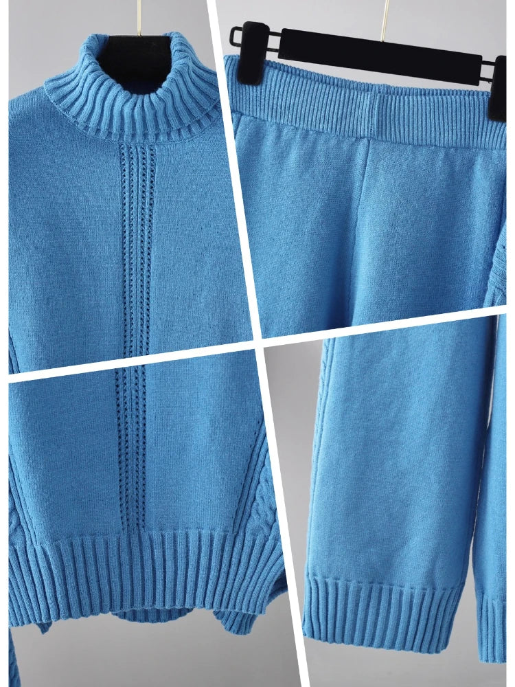 POWQUE URBAN STYLE women's knitted turtleneck tracksuit set in blue with ribbed cuffs and waistband