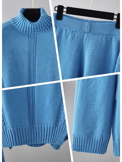 POWQUE URBAN STYLE women's knitted turtleneck tracksuit set in blue with ribbed cuffs and waistband