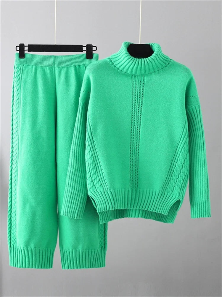 POWQUE URBAN STYLE women's knitted turtleneck tracksuit set in bright green with cable knit details