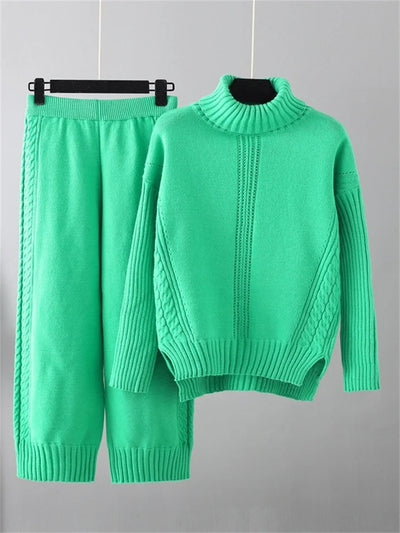 POWQUE URBAN STYLE women's knitted turtleneck tracksuit set in bright green with cable knit details