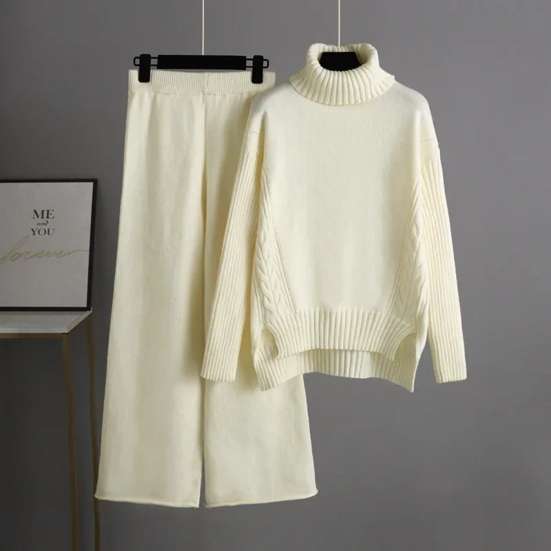 POWQUE URBAN STYLE women's knitted turtleneck tracksuit set in cream with ribbed sweater and wide-leg pants