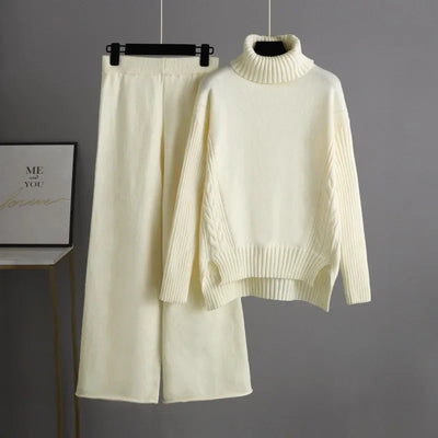 POWQUE URBAN STYLE women's knitted turtleneck tracksuit set in cream with ribbed sweater and wide-leg pants