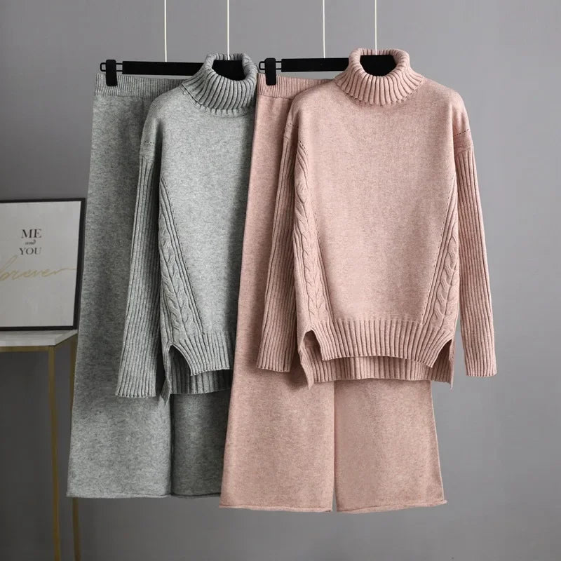 POWQUE URBAN STYLE women's knitted turtleneck tracksuit set in gray and pink with cable knit details