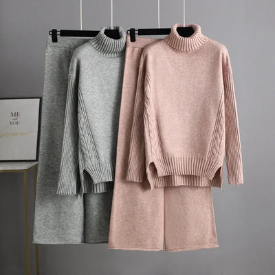 POWQUE URBAN STYLE women's knitted turtleneck tracksuit set in gray and pink with cable knit details