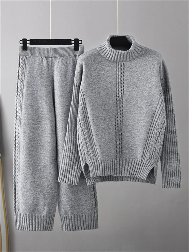 POWQUE URBAN STYLE women's knitted turtleneck tracksuit set in grey with cable knit design